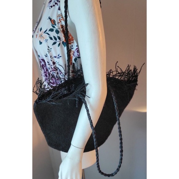 Woven Black Handbag Purse 100% Paper Black Frayed Beach Bag Snap Closed Zip... - Picture 5 of 15